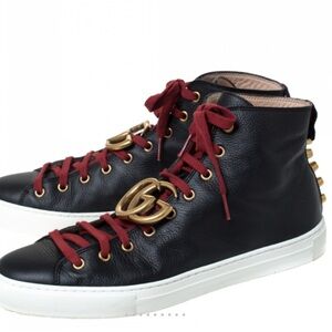 Men Gucci Black Textured Leather High-Top Sneakers with Burgundy Laces